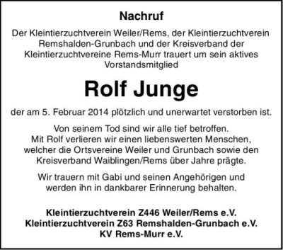 Nachruf Rolf Junge